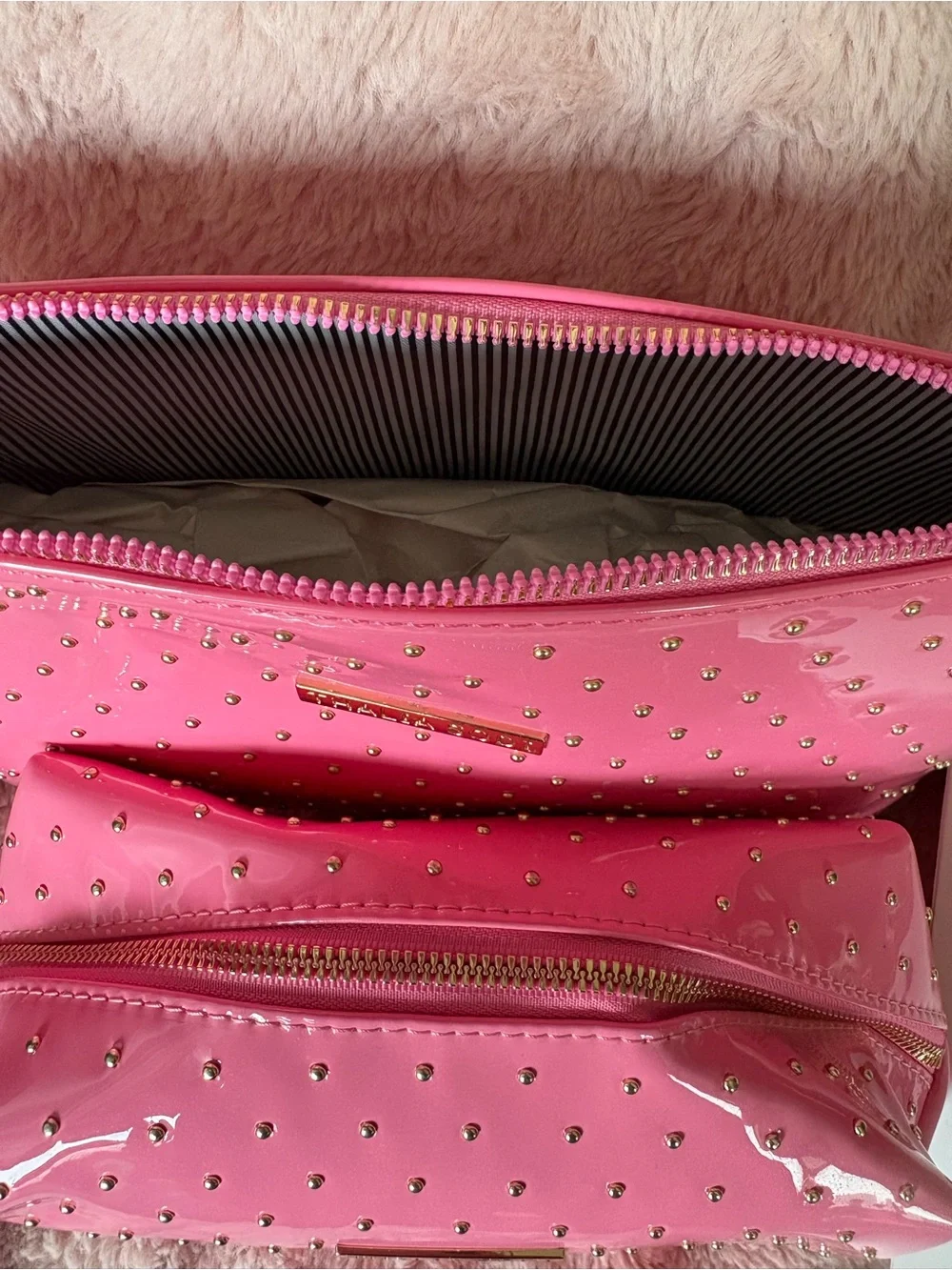 Thalia Sodi Hot Pink Patent Studded Cosmetic Bag Duo